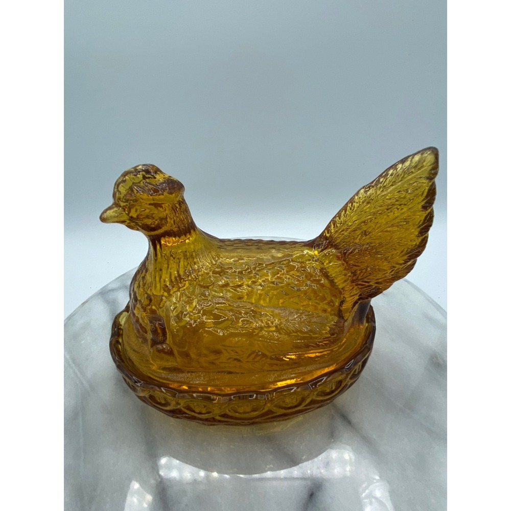 Vintage LE Smith Hen on Nest With Chicks Dish Amber Glass Farmhouse Covered